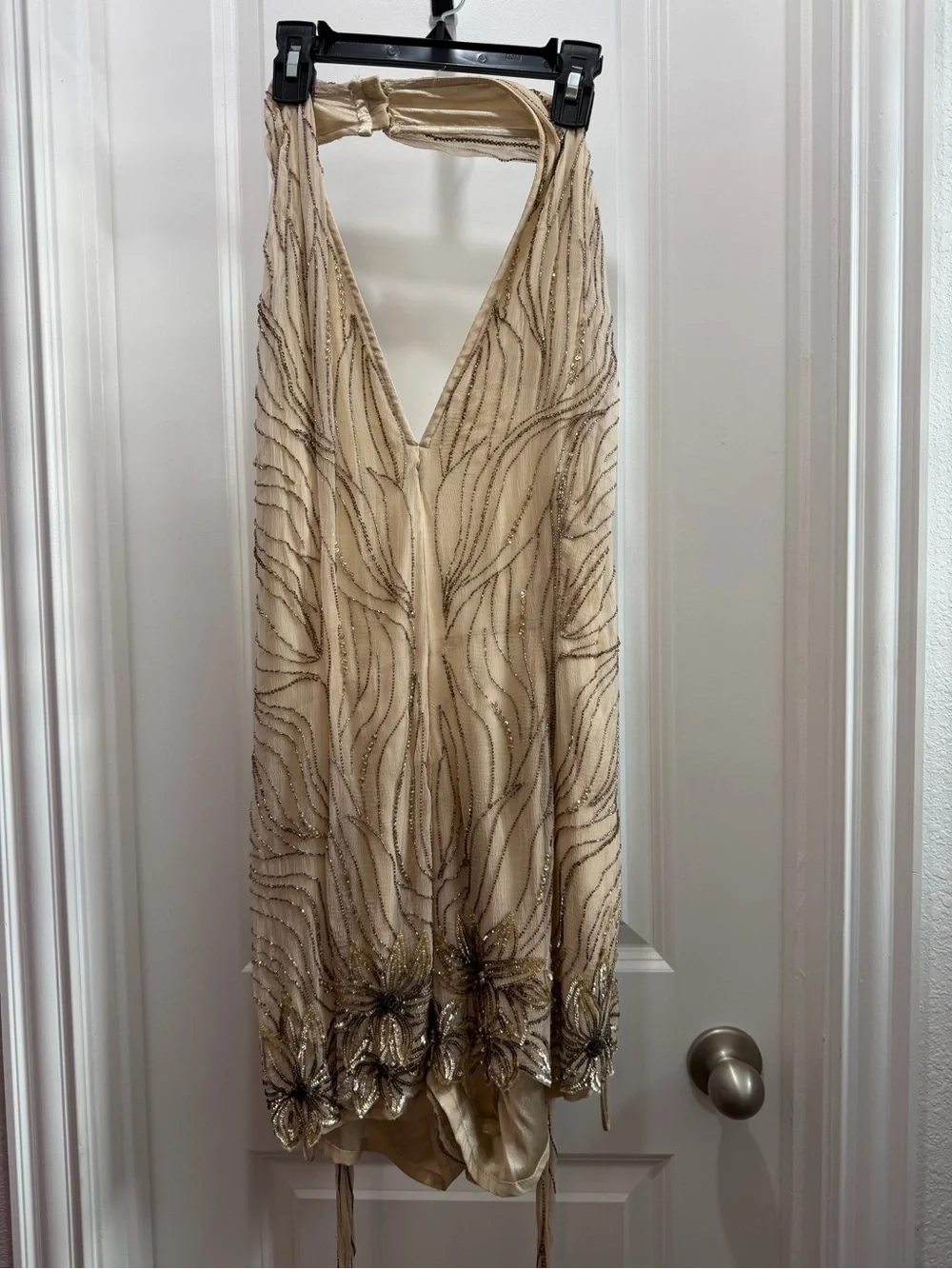 Free People Bella‎ Beaded Halter Romper Size 6 Cream Open Back Sequin Floral